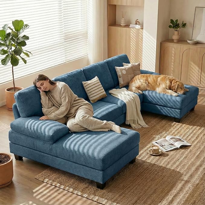 Homall Sectional U Shaped Sofa Couches for Living Room, Comfy Chenille 4 Seat Sofa Set with Removable Pillows, Lounge Chaise Upholstered Couch for for Apartment (Chenille, Light Blue)