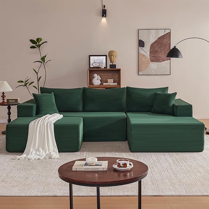 110” Cloud Sectional Couch, Boneless Sofa for Living Room, Modular Sectional Sofa with Deep Seat, Comfy Fluffy U-Shaped Couch with Right-Facing Chaise, No Assembly Required, Green