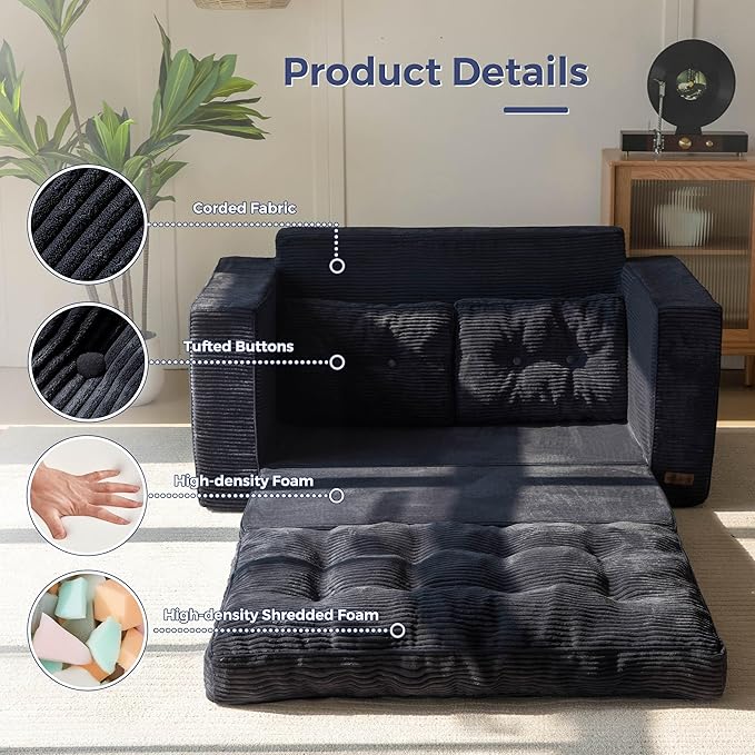 MAXYOYO Convertible Sofa Bed, Pull Out Loveseat Sleeper Sofa, 2 in 1 Folding Couch Bed, Fold Out Floor Couch with Pillows for Living Room Bedroom Lounge, Black