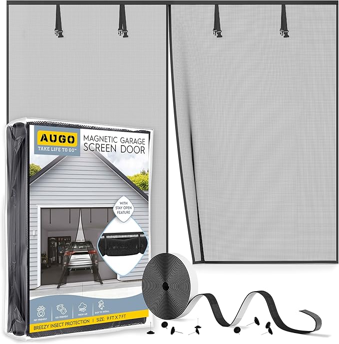 AUGO Garage Door Screen, 2 Car 9x7FT, Fiberglass mesh with Magnetic Closure, Heavy Duty Weighted Bottom, Easy Assembly & Pass, Hands Free Screen Door