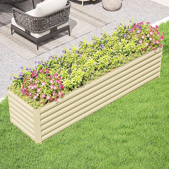 Outsunny 8 x 2 x 2ft Galvanized Raised Garden Bed Kit, Outdoor Metal Elevated Planter Box with Safety Edging, Large Raised Bed for Growing Flowers, Herbs and Vegetables, Cream White