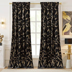 NICETOWN Black Velvet Curtains 2 Panels with Gold Foil Leaf Print – Modern Glam Black and Gold Drapes for Living Room, Luxury Room Darkening Window Treatments for Bedroom & Gothic Decor (50W x 84L)