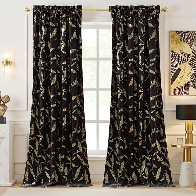 NICETOWN Black Velvet Curtains 2 Panels with Gold Foil Leaf Print – Modern Glam Black and Gold Drapes for Living Room, Luxury Room Darkening Window Treatments for Bedroom & Gothic Decor (50W x 84L)