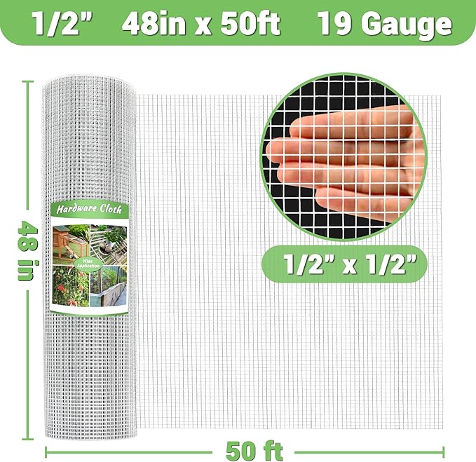 HITTITE Hardware Cloth 1/2 inch 48in x 50 ft, Hot-dip Galvanized After Welding Chicken Wire Mesh, 19 Gauge Welded Chicken Wire Fencing for Chicken Coop and Home Improvement Projects