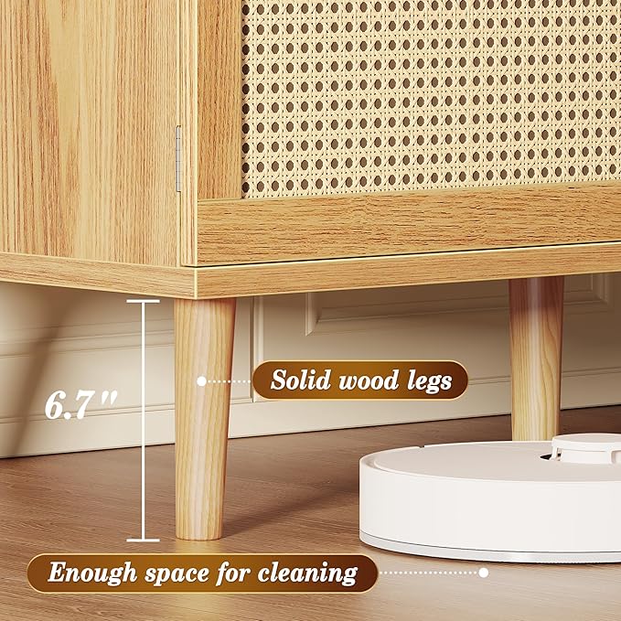 SUPERJARE Boho TV Stand for 75 Inch TV, Entertainment Center with Adjustable Shelf, Rattan TV Console with 2 Cabinets, Media Console, Solid Wood Feet, 4 Cord Holes, for Living Room - Natural