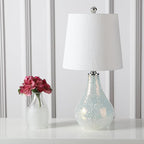 JONATHAN Y 20.5" Mosaic White Coastal Mini LED Table Lamp for Living Room Office, White Linen Drum Shade, Modern Mother of Pearl Bedside Nightstand Lamp, LED Bulb Included (JYL1024B)