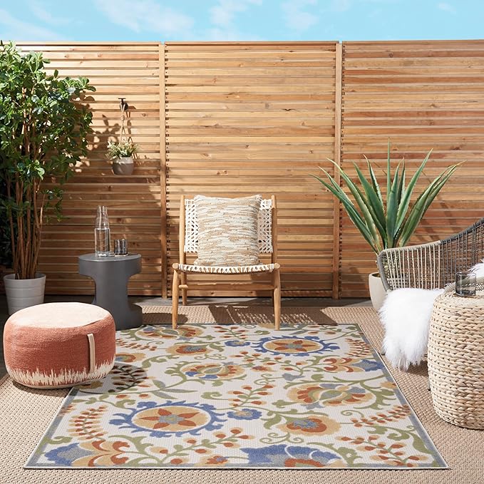 Nourison Home Aloha Ivory Blue 6' x 9' Area Rug - Easy Clean, Non Shedding, Bed Room, Living Room, Dining Room, Kitchen (6' x 9')