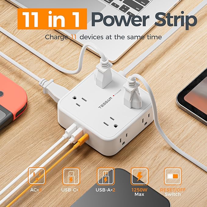TESSAN Surge Protector Power Strip, 5 Ft Flat Plug Extension Cord with 3 USB (1 USB C) 8 Outlets, 1250W, 900J Protection, 3 Sided Outlet Extender with Power Switch for Office, Dorm Room, White