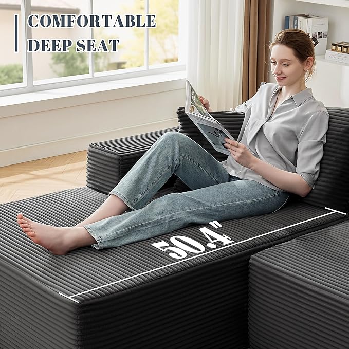 110” Cloud Sectional Couch, Boneless Sofa for Living Room, Modular Sectional Sofa with Deep Seat, Comfy Fluffy Couch with L-Shaped Chaise, No Assembly Required (Left-Facing Chaise, Dark Grey)