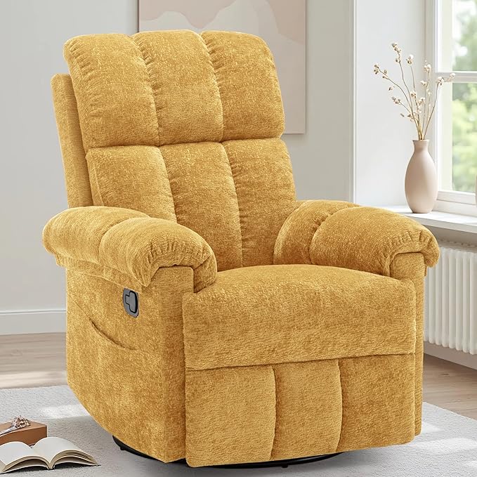 Recliner Chair, Swivel Rocker Recliner Chair for Adults, Small Recliners for Small Spaces, Upholstered Manual Recliner with Side Pockets, Nursery Rocking Chair for Living Room, Chenille, Yellow