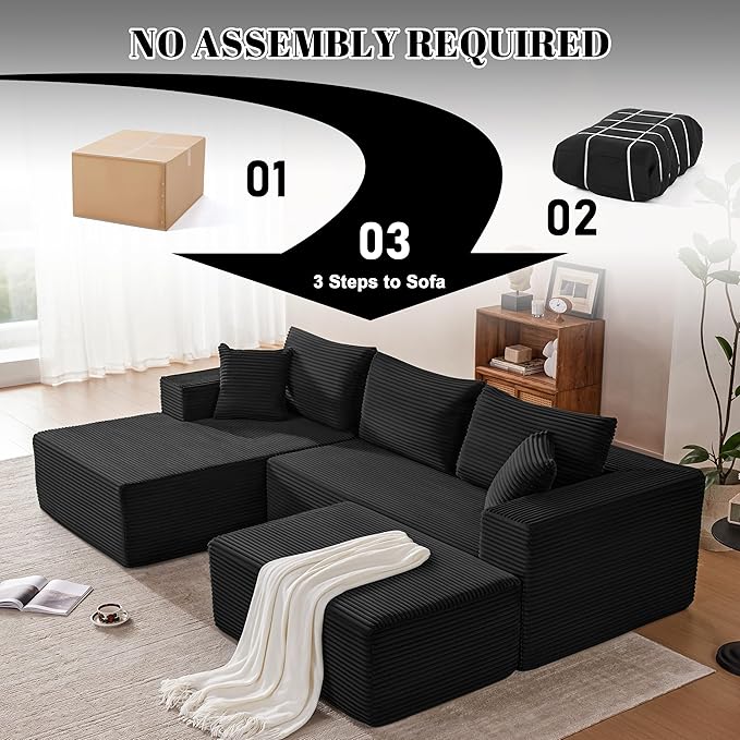 110” Cloud Sectional Couch, Modular Sectional Sofa with Deep Seat, Boneless Sofa for Living Room, Fluffy Comfy U-Shaped Couch with Left Facing Chaise, No Assembly Required, Black