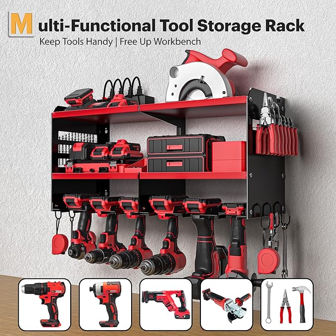Power Tool Organizer Wall Mount with Charging Station, 15 Min Assembly & Maximum 420lbs Load by Heavy Duty Metal, 8 Slots for Cordless Drill, Tool Battery Holder with 6 Outlet Power Strip