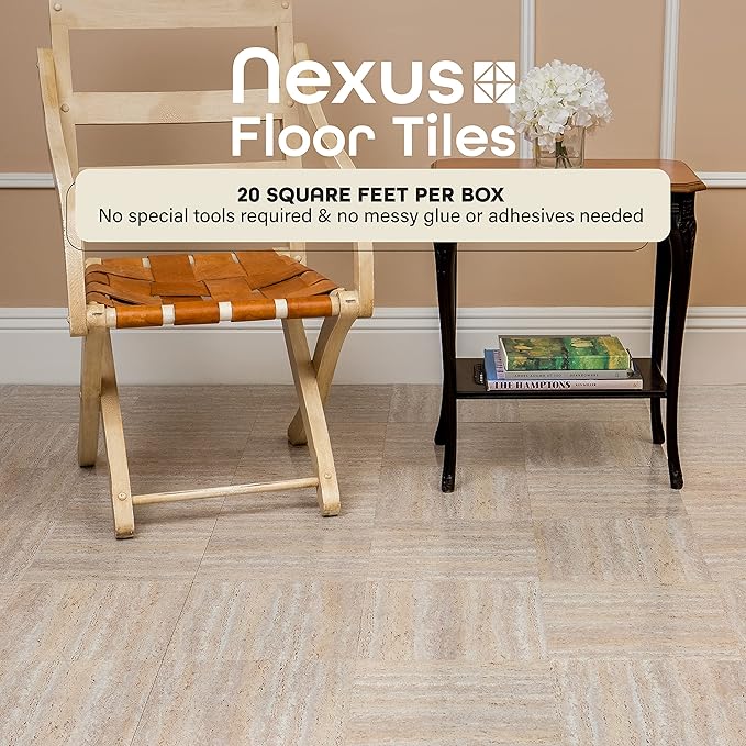 Nexus Self Adhesive 12-Inch Vinyl Floor Tiles, 20 Tiles - 12" x 12", Travatine Marble Pattern - Peel & Stick, DIY Flooring for Kitchen, Dining Room, Bedrooms & Bathrooms by Achim Home Décor