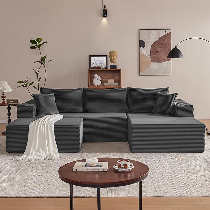 110” Cloud Sectional Couch, Boneless Sofa for Living Room, Modular Sectional Sofa with Deep Seat, Comfy Fluffy U-Shaped Couch with Right-Facing Chaise, No Assembly Required, Grey