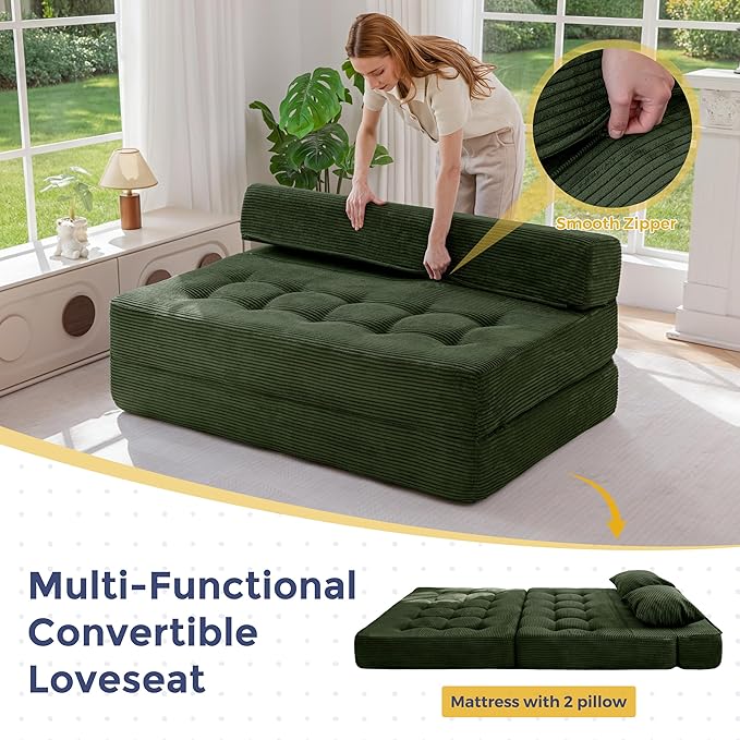 MAXYOYO Folding Sofa Couch, Convertible Floor Sleeper Couch with 2 Pillows, Tufted Floor Loveseat Couch Tufted Fold Out Chair Bed Comfy Sofa Lounge for Living Room Bedroom, Dark Green