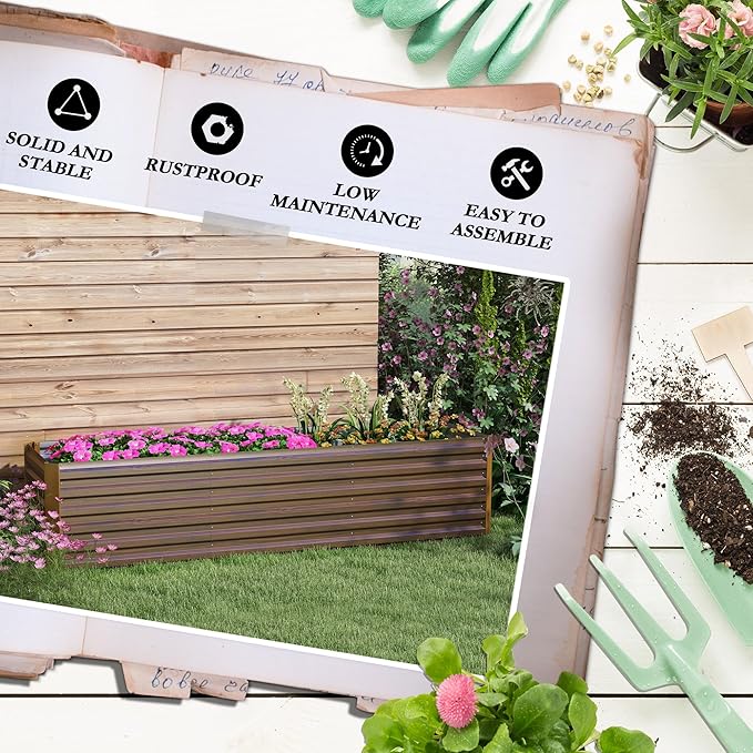 Outsunny 8 x 2 x 2ft Galvanized Raised Garden Bed Kit, Outdoor Metal Elevated Planter Box with Safety Edging, Large Raised Bed for Growing Flowers, Herbs and Vegetables, Brown
