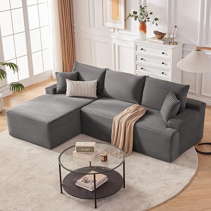 Cloud Sectional Couch, Boneless Sofa for Living Room, Fluffy Comfy Couch with Deep Seat, Modular Sectional Sofa with L-Shaped Chaise, No Assembly Required, Dark Grey