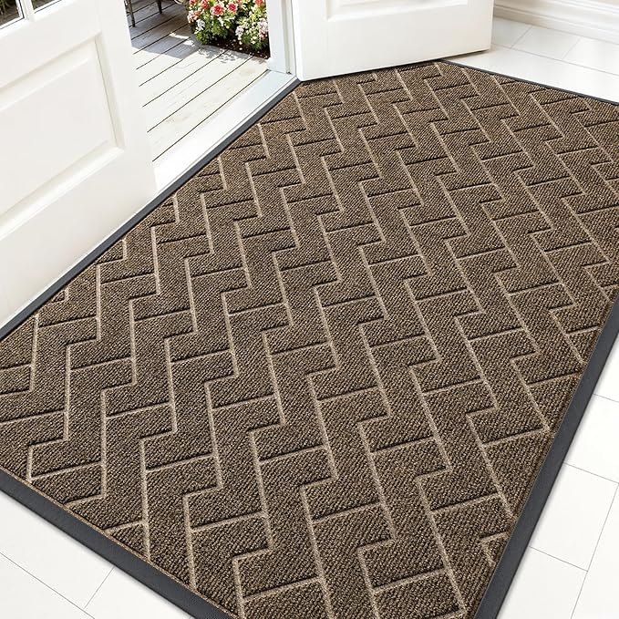 OLANLY Front Door Mat Indoor Outdoor Entrance, Waterproof All-Season, All-Weather Doormat, Sturdy Natural Rubber, Low Profile, Easy Clean Patio Porch Entryway Mat, Herringbone Brick (Brown, 71x47)