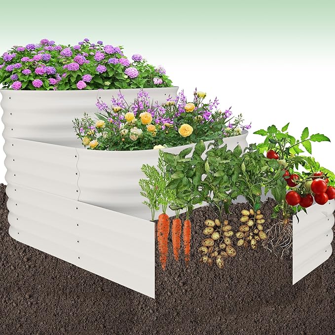 IDEALHOUSE Galvanized Metal Raised Garden Bed Kit, 61x42x31 Inch Outdoor Modular Planter Box for Vegetables, Herbs & Flowers, 3-in-1 Open-Base Design for Deep Root Growth, White