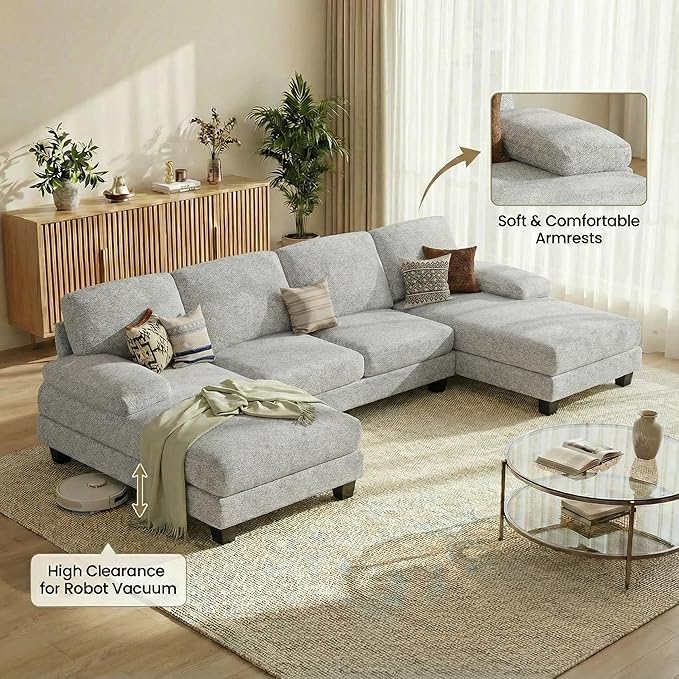 Homall Modular Sectional U Shaped Sofa Couches for Living Room, Comfy Linen Fabric 4 Seat Sofa Set with Removable Pillows, Lounge Chaise Upholstered Couch for for Apartment (Loop Yarn, Pearl Gray)
