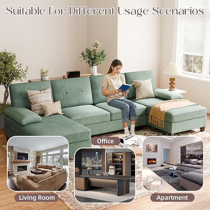 Shintenchi U-Shaped Sectional Couches for Living Room, 4 Seat Sofa with Double Chaise Lounges,Solid Wood Frame Sectional Sofa for Apartment,Green