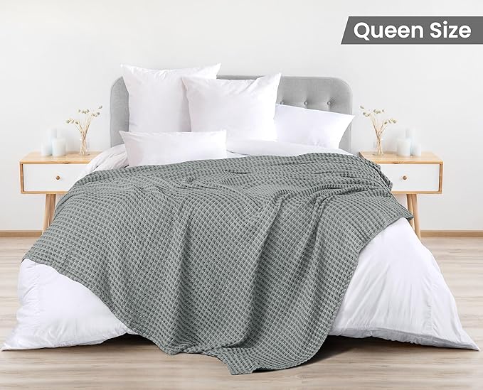 Utopia Bedding Cool Grey 100% Cotton Waffle Blanket 300 GSM [Queen - 90x90 Inch] Soft Lightweight Breathable Bed Blanket for All Season