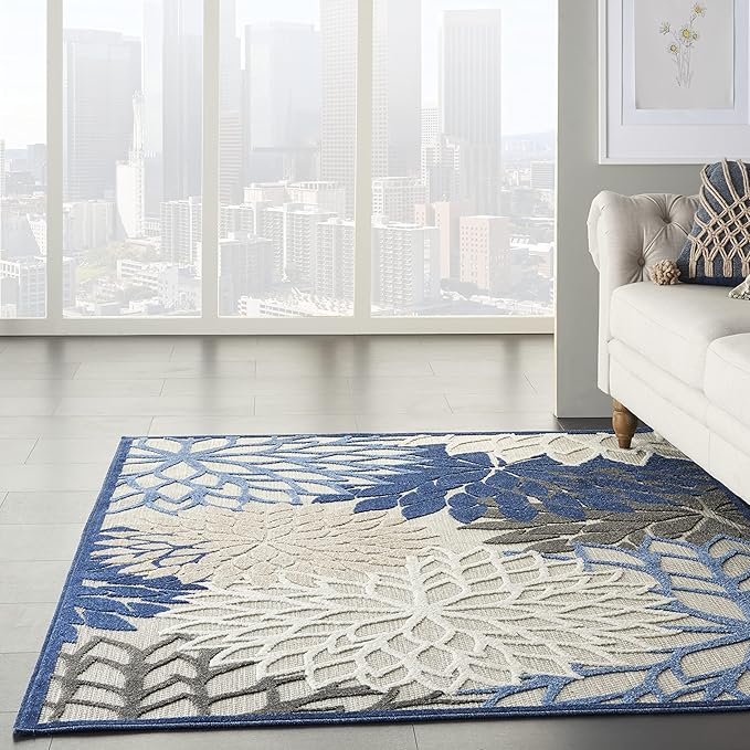 Nourison Home Aloha Indoor/Outdoor Blue/Multicolor 3'6" x 5'6" Area Rug, Tropical, Botanical, Easy Cleaning, Non Shedding, Bed Room, Living Room, Dining Room, Deck, Backyard, Patio (3x5)