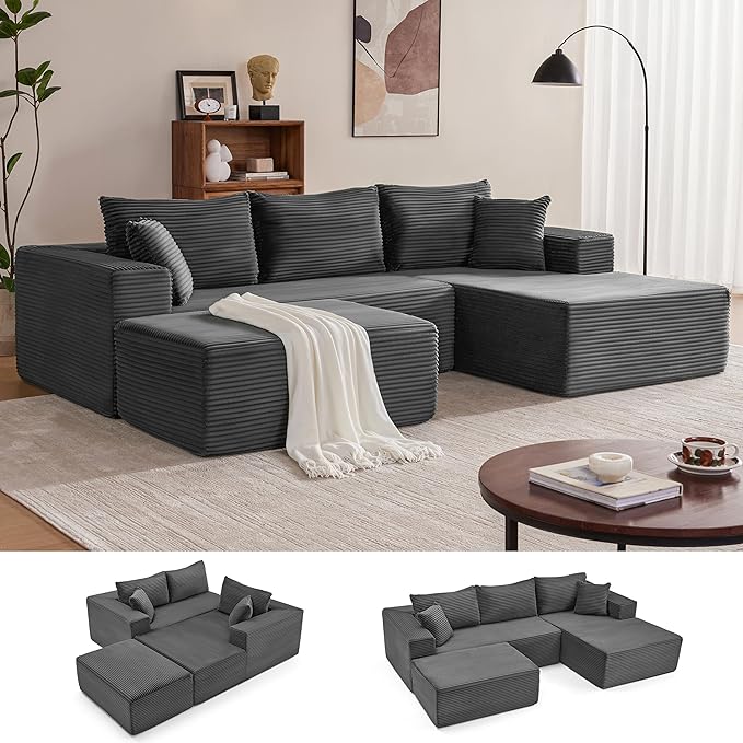 110” Cloud Sectional Couch, Boneless Sofa for Living Room, Modular Sectional Sofa with Deep Seat, Comfy Fluffy U-Shaped Couch with Right-Facing Chaise, No Assembly Required, Grey