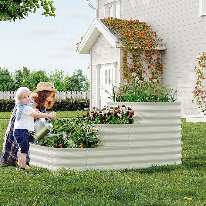 IDEALHOUSE Galvanized Metal Raised Garden Bed Kit, 61x42x31 Inch Outdoor Modular Planter Box for Vegetables, Herbs & Flowers, 3-in-1 Open-Base Design for Deep Root Growth, White