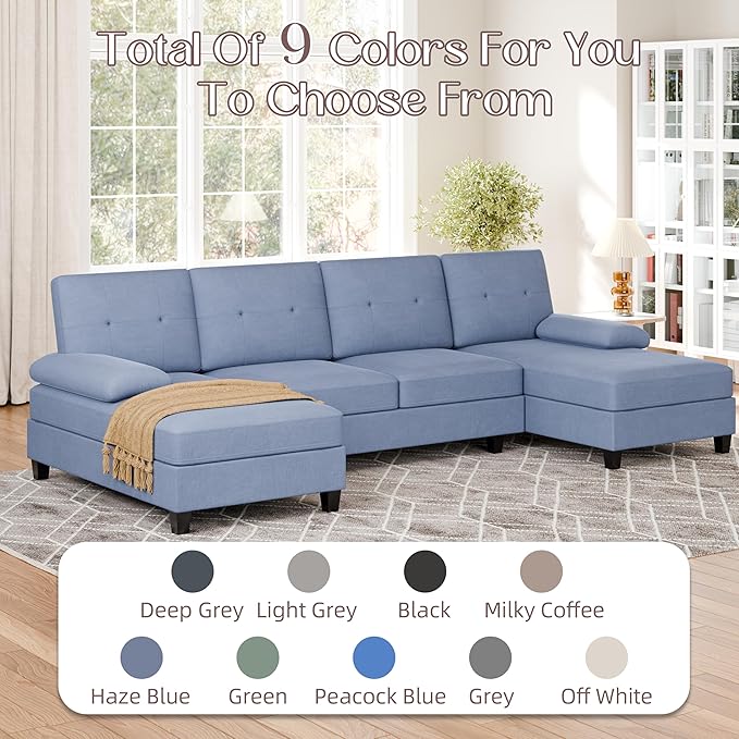 Shintenchi U-Shaped Sectional Couches for Living Room, 4 Seat Sofa with Double Chaise Lounges,Solid Wood Frame Sectional Sofa for Apartment,Blue
