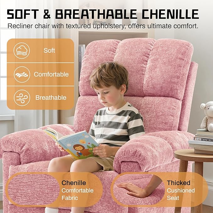 Recliner Chair, Swivel Rocker Recliner Chair for Adults, Small Recliners for Small Spaces, Manual Recliner Chair with Side Pockets, Nursery Rocking Chair for Living Room, Chenille, Rose Pink