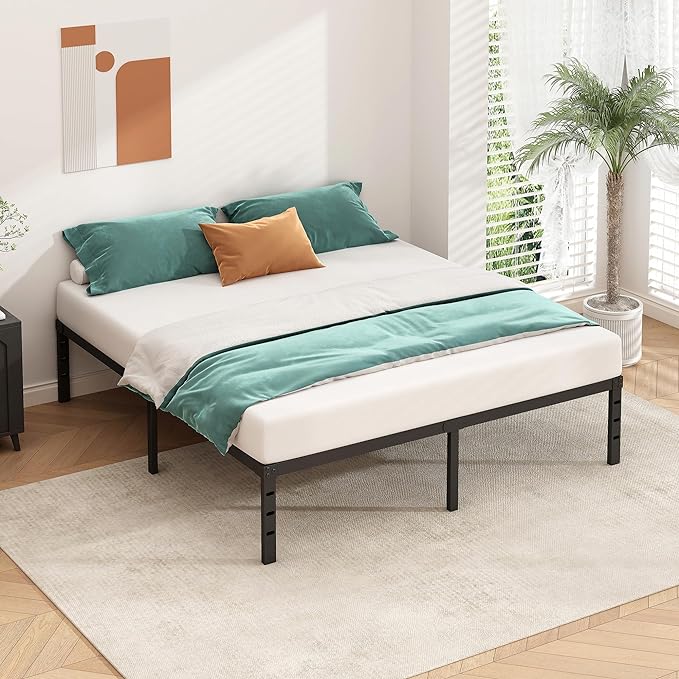 Metal Platform Bed Frame 18 Inch Tall,No Box Spring Needed,Queen Size Bed with Heavy Duty Strong Support Slats,Easy to Assemble,Black