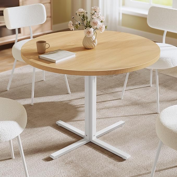 VASAGLE Dining Table, Small Round Kitchen Table for 4 People, 31.5 x 29.4 Inches, for Dining Room, Living Room, Farmhouse, Water-Resistant, Oka Beige UKDT082Y02