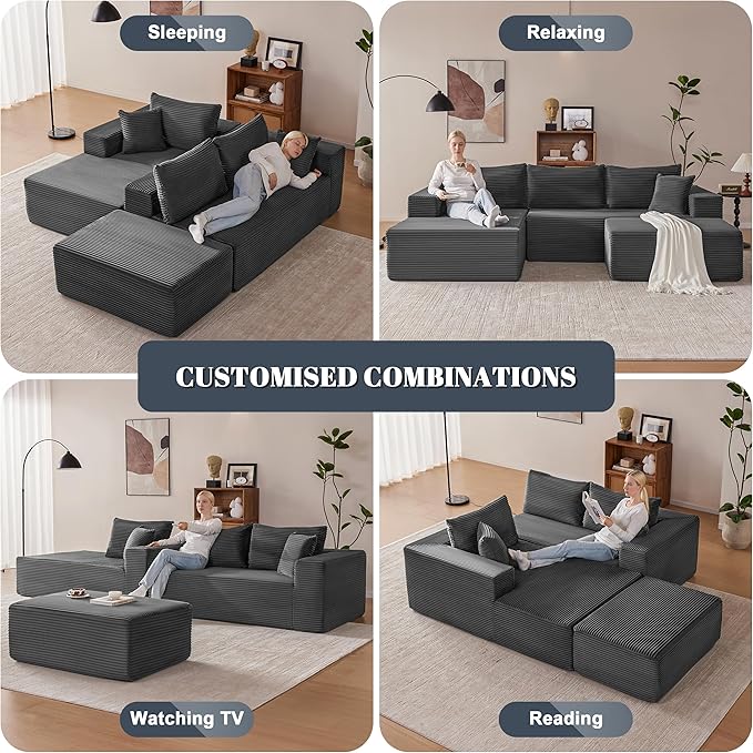110” Cloud Sectional Couch, Modular Sectional Sofa with Deep Seat, Boneless Sofa for Living Room, Fluffy Comfy U-Shaped Couch with Left Facing Chaise, No Assembly Required, Grey