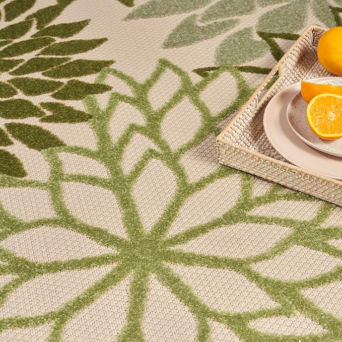 Nourison Home Aloha Indoor/Outdoor Ivory Green 12' x 15' Area Rug, Easy Cleaning, Non-Shedding, Bed Room, Living Room, Dining Room, Backyard, Patio, Deck (12x15)