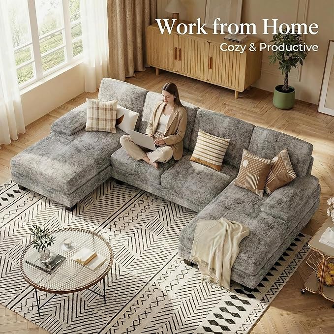 Homall Sectional U Shaped Sofa Couches for Living Room, Comfy Chenille 4 Seat Sofa Set with Removable Pillows, Lounge Chaise Upholstered Couch for for Apartment (Chenille, Grey)