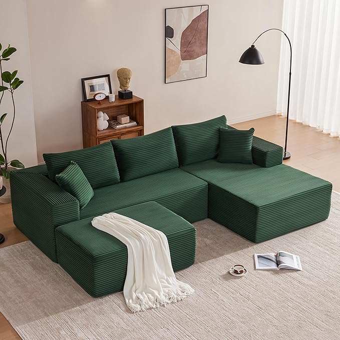110” Cloud Sectional Couch, Boneless Sofa for Living Room, Modular Sectional Sofa with Deep Seat, Comfy Fluffy U-Shaped Couch with Right-Facing Chaise, No Assembly Required, Green