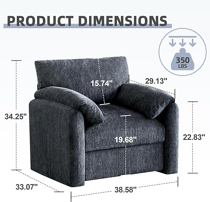 Chenille Oversized Armchair, 38.6" Wide Accent Chairs for Living Room & Bedroom Modern Lounge Chair, Upholstered Mid-Century Reading Chair, Comfy Living Room Chair, Single Sofa Chair, Blue
