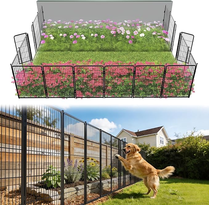 FXW Garden Fence Outdoor for The Yard – 40in(H) x 36.4ft(L) Heavy Duty Metal Animal Barrier for Dog and Rabbit, Decorative Dog Fence, 16 Panels, Black
