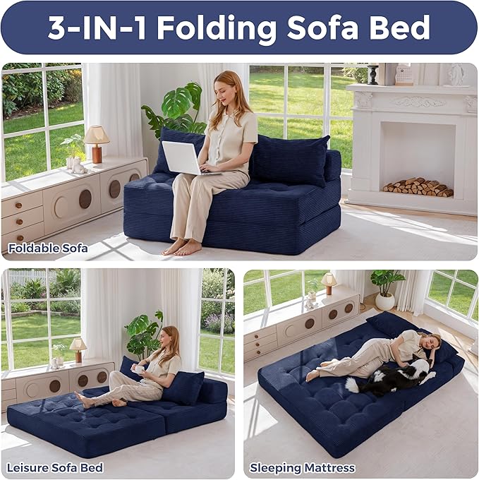 MAXYOYO Folding Sofa Couch, Convertible Floor Sleeper Couch with 2 Pillows, Tufted Floor Loveseat Couch Tufted Fold Out Chair Bed Comfy Sofa Lounge for Living Room Bedroom, Navy