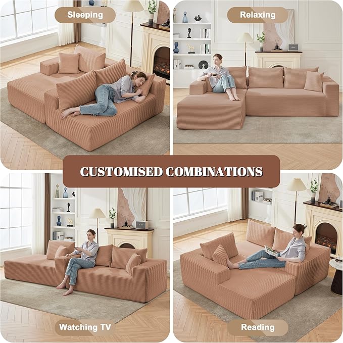 110” Cloud Sectional Couch, Modular Sectional Sofa for Living Room, Boneless Sofa with Deep Seat, Comfy Fluffy Couch with L-Shaped Chaise, No Assembly Required (Left-Facing Chaise, Camel)