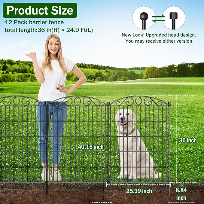 12 Panel Garden Fence - 36in H x 24.9 ft L, No Dig Rustproof Metal Tall Animal Barrier for Dogs Rabbits, Decorative Outdoor Border for Yard, Patio, and Flower Beds