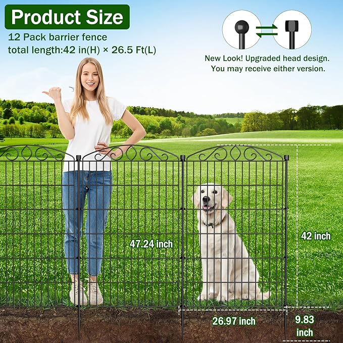 12 Panel No Dig Decorative Garden Fence - 42in H x 26.5 ft L, Tall Animal Barrier for Dogs Rabbits, Rustproof Metal Wire Panels for Yard, Patio, and Outdoor Border Use
