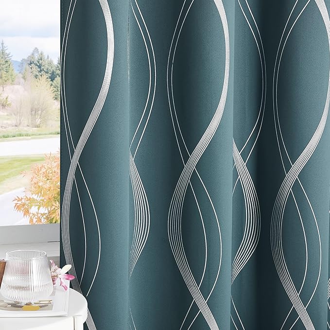NICETOWN 100% Blackout Curtains Panels for Living Room, Greyish Blue, 52" Wide x 72" Long, 2 Panels, Sound Reducing Thermal Insulated Wave Line Foil Print Design Curtains for Patio Sliding Glass Door