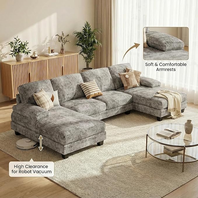 Homall Sectional U Shaped Sofa Couches for Living Room, Comfy Chenille 4 Seat Sofa Set with Removable Pillows, Lounge Chaise Upholstered Couch for for Apartment (Chenille, Grey)