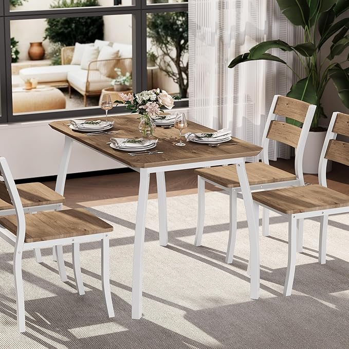 IDEALHOUSE Dining Table Set for 4 Modern Kitchen Table and Chairs Set with Chamfered Edges Cushioned Seats Space-Saving Metal Frame for Dining Room Apartment Small Spaces, White & Wood Grain Color