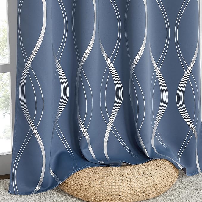 NICETOWN Stone Blue Blackout Living Room Curtain Panels 84 inch Long, W66 x L84, Noise Reducing Thermal Insulated Wave Line Foil Print Design Drapes for Patio Sliding Glass Door, 2 Panels