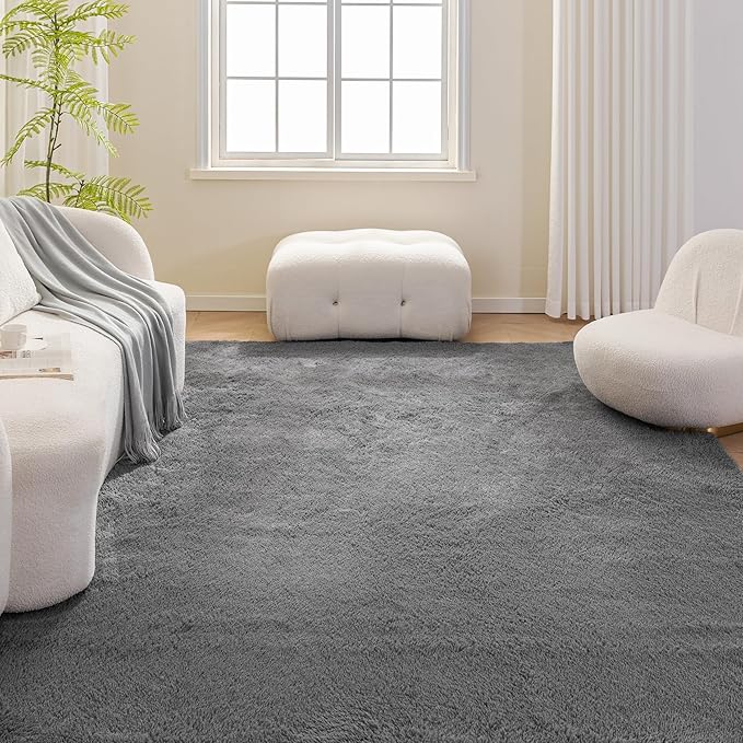 Amazon Basics Fluffy Washable Area Rug, Shaggy Carpet for Living Room, Bedroom, 8' W × 10' L, Dark Gray