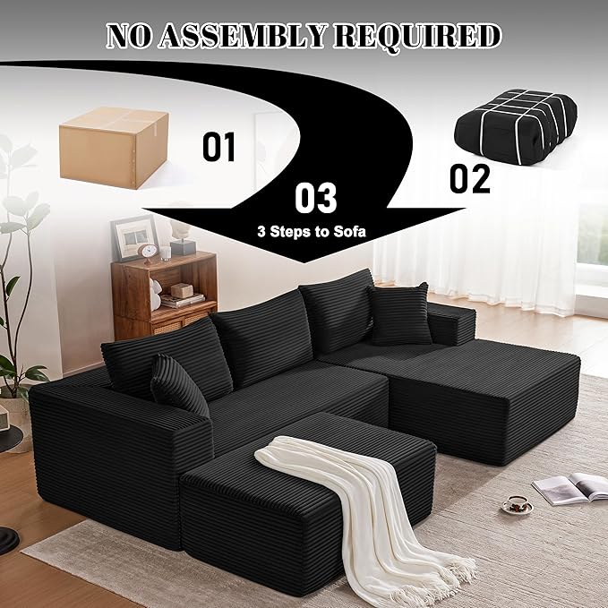 110” Cloud Sectional Couch, Boneless Sofa for Living Room, Modular Sectional Sofa with Deep Seat, Comfy Fluffy U-Shaped Couch with Right-Facing Chaise, No Assembly Required, Black