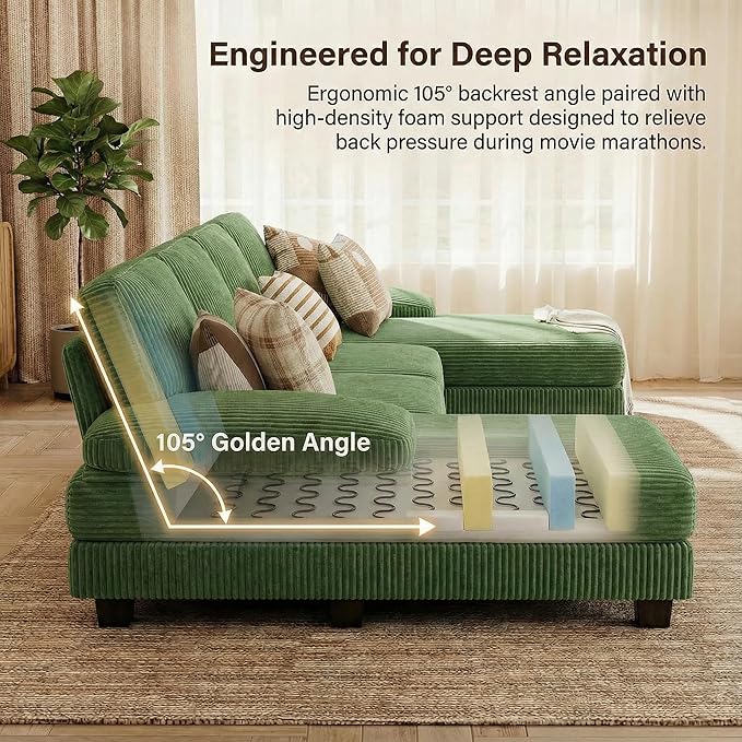 Homall Sectional U Shaped Sofa Couches for Living Room, Comfy Corduroy 4 Seat Sofa Set with Removable Pillows, Lounge Chaise Upholstered Couch for for Apartment (Corduroy, Dark Green)